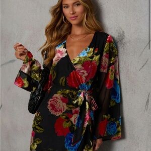 Vici Black Velvet Floral Wrap Dress with Red & Blue Flowers